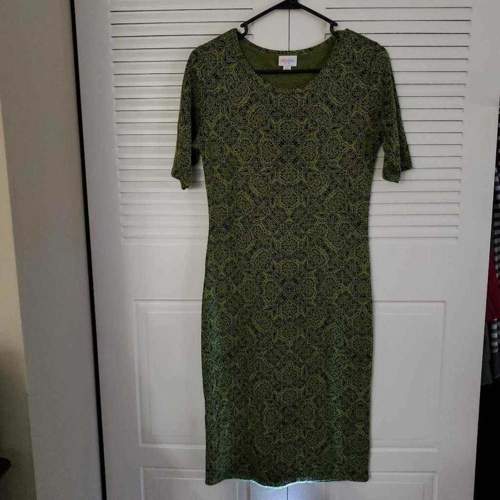 LuLaRoe Womens Julia Dress Green Black Damask Stretch Short Sleeve Scoop Neck XS